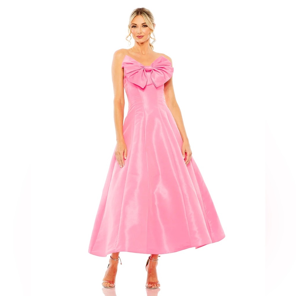 Mac Duggal Pink Strapless A-Line Tea Length Statement Bow Dress EUC